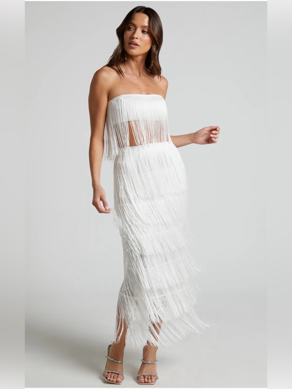 NWT Showpo 2 piece Strapless White Fringe Crop Too & Midi Skirt Set Size 6